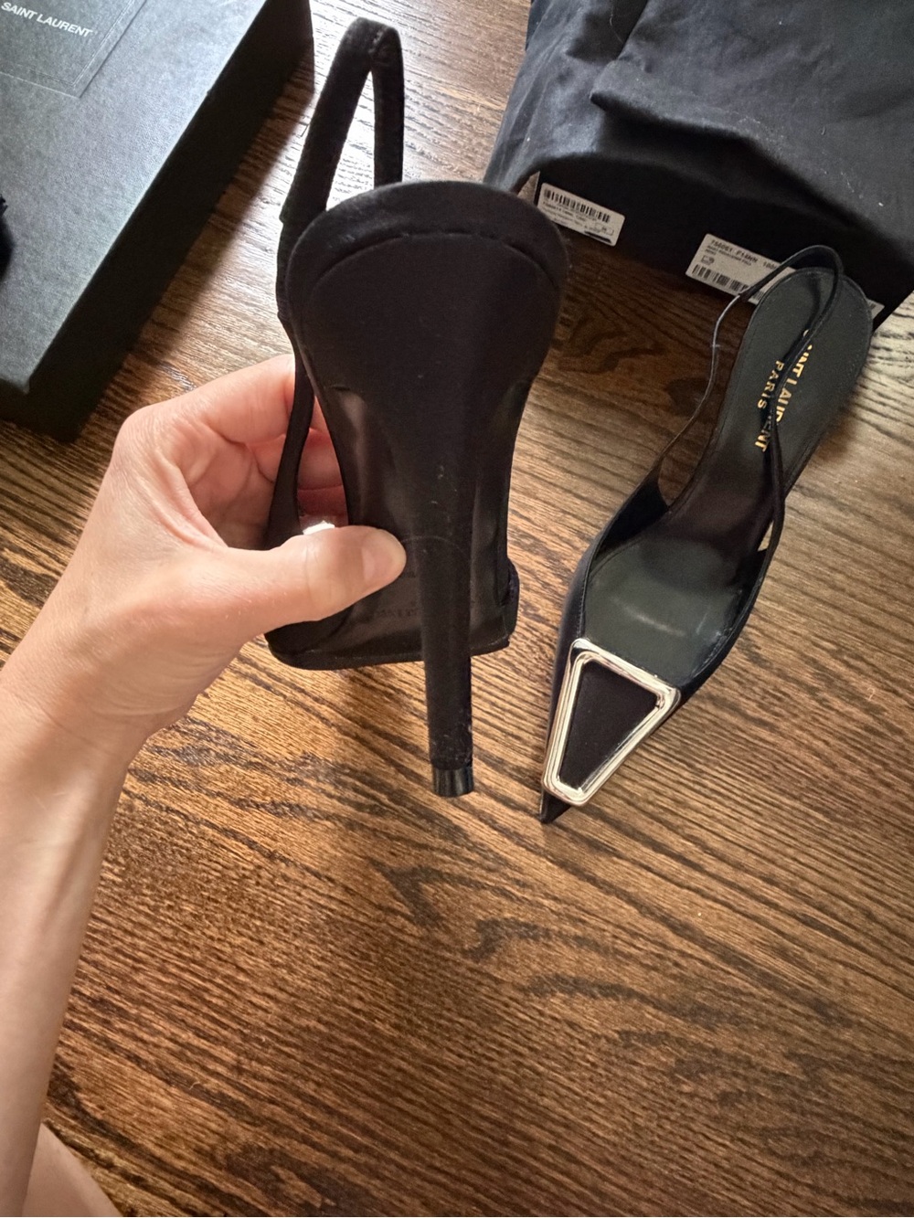 Saint Laurent Black Pointed Slingback Pumps with Silver Trim - Picture 6 of 15